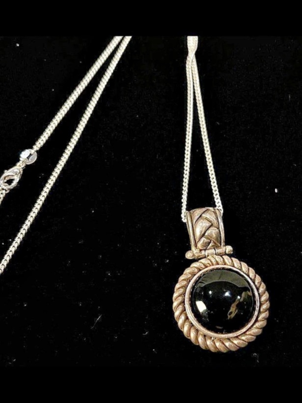 Vintage Mexican Sterling Silver 925 large rope Pendant Necklace With Black Onyx
